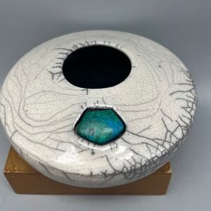 Vtg Raku Pottery Handcrafted Crackle Glaze‎ W/Turquoise Lynn Jenkins Signed